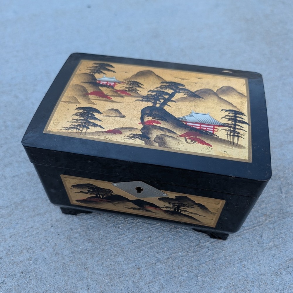 Vintage Japanese Black Lacquer Music Jewelry Box Hand Painted Gold Pagoda Fuji